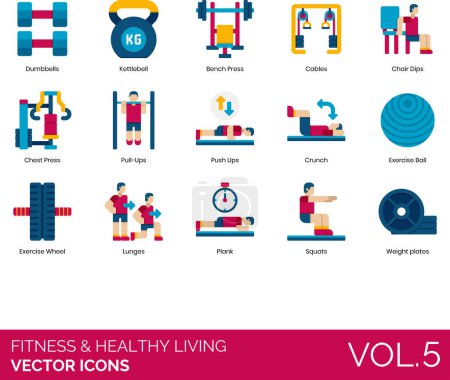 Fitness and healthy living icons including dumbbells, kettlebells, bench press, cables, chair dips, chest, pull-ups, push up, crunch, exercise ball, wheel, lunge, plank, squat, weight plate.