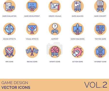 Game design icons including evaluation, development, create visual, analysis, concept, sound effects, support, publishing, testing, RPG, racing, sports, action, internet.