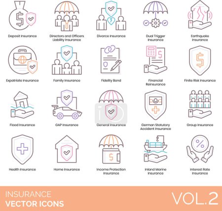 Illustration for Insurance icons including deposit, director and officer liability, divorce, dual trigger, earthquake, expatriate, family, fidelity, financial reinsurance, finite risk, flood, GAP, general, german statutory accident, group, health, home, income protec - Royalty Free Image