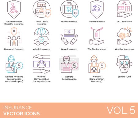 Illustration for Insurance icons including total permanent disability, trade credit, travel, tuition, UCC, uninsured, vehicle, wage, war risk, weather, workers accident compensation, employer defense, zombie fund. - Royalty Free Image
