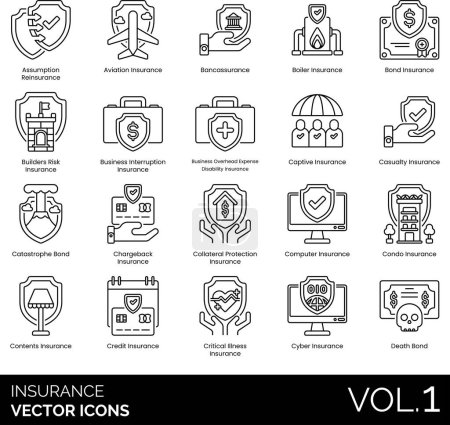 Illustration for Insurance icons including assumption reinsurance, aviation, bancassurance, boiler, builders risk, business interruption, overhead expense disability, captive, casualty, catastrophe, chargeback, collateral protection, computer, condo, content, credit, - Royalty Free Image
