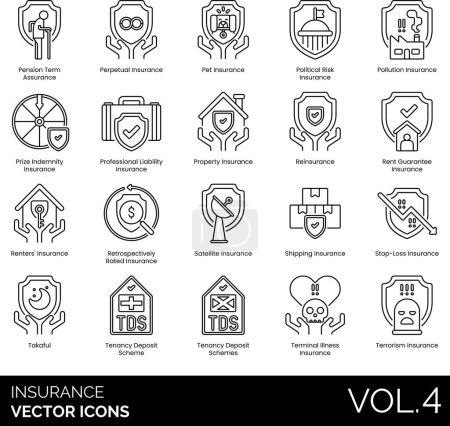 Illustration for Insurance icons including pension term assurance, perpetual, pet, political risk, pollution, prize indemnity, professional liability, property, reinsurance, rent guarantee, renter, retrospectively rated, satellite, shipping, stop-loss, takaful, tenan - Royalty Free Image