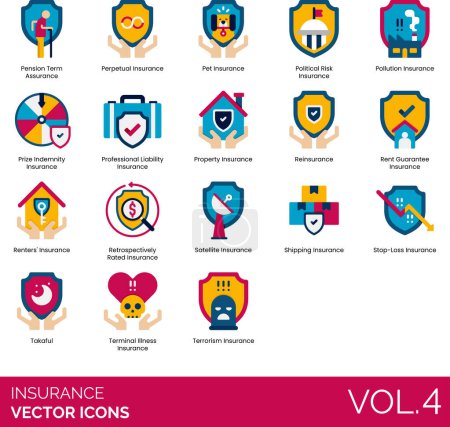Illustration for Insurance icons including pension term assurance, perpetual, pet, political risk, pollution, prize indemnity, professional liability, property, reinsurance, rent guarantee, renter, retrospectively rated, satellite, shipping, stop-loss, takaful, tenan - Royalty Free Image