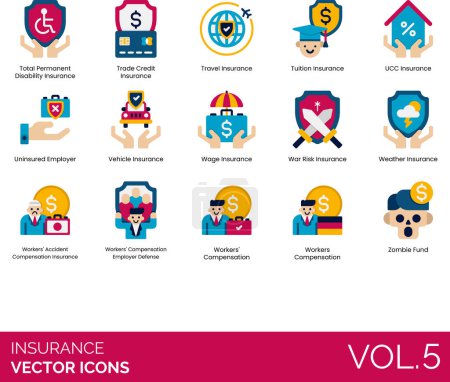 Illustration for Insurance icons including total permanent disability, trade credit, travel, tuition, UCC, uninsured, vehicle, wage, war risk, weather, workers accident compensation, employer defense, zombie fund. - Royalty Free Image
