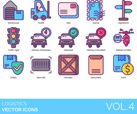 Illustration for Logistics icons including warehouse, forklift, mail, stamp, signboard, traffic light, delivery scheduled, delivered, canceled, bike, safety, barcode, wooden, document, price. - Royalty Free Image