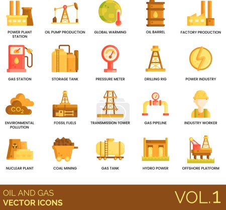 Illustration for Oil and gas icons including power plant station, pump, global warming, barrel, factory, tank, pressure meter, drilling rig, industry, pollution, fossil fuels, transmission, pipeline, worker, nuclear. - Royalty Free Image