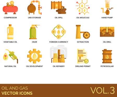 Illustration for Oil and gas icons including compressor, LNG storage, spill, molecule, hand pump, vegetable, oiler, foreign currency, extraction, drill, natural, development, refinery, permit, petrodollar. - Royalty Free Image