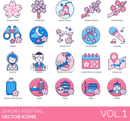 Illustration for Sakura festival icons including flower, tree, cherry blossom, plum, hanami, yozakura, party, snow, karaoke, cosplay, parade, forecast, schedule, map, tour package, japan, china, korea, taiwan. - Royalty Free Image