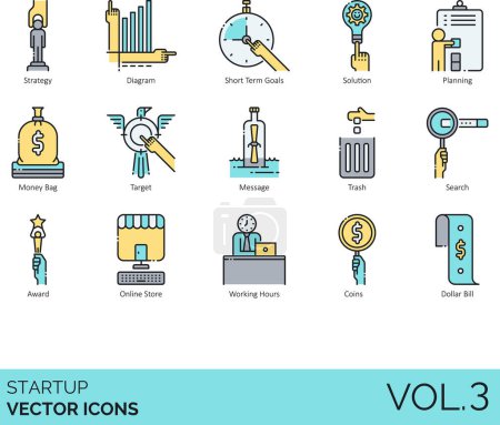 Illustration for Startup icons including strategy, diagram, short term goals, solution, planning, money bag, target, message, trash, search, award, online store, working hours, coins, dollar bill. - Royalty Free Image