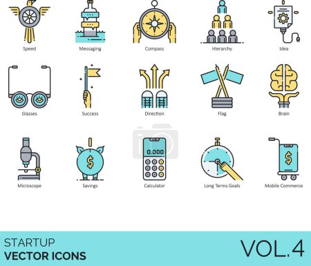 Illustration for Startup icons including speed, messaging, compass, hierarchy, idea, glasses, success, direction, flag, brain, microscope, savings, calculator, long term goals, mobile commerce. - Royalty Free Image