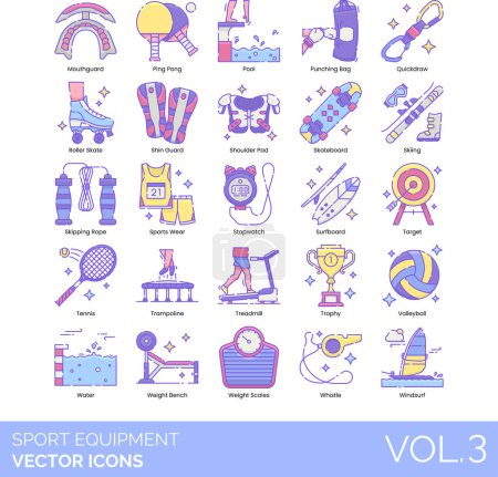 Illustration for Sport equipment icons including mouthguard, ping pong, pool, punching bag, quickdraw, roller skate, shin guard, shoulder pad, skateboard, skiing, skipping rope, sportswear, stopwatch, surfboard, target, tennis, trampoline, treadmill, trophy, volleyba - Royalty Free Image