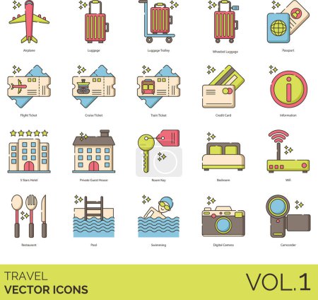 Illustration for Travel icons including airplane, luggage, trolley, wheeled, passport, flight ticket, cruise, train, credit card, information, 5 stars hotel, private guest house, room key, bedroom, wifi, restaurant, pool, swimming, digital camera, camcorder. - Royalty Free Image