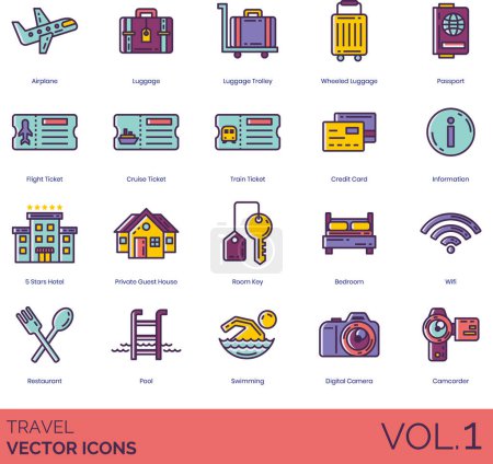 Illustration for Travel icons including airplane, luggage, trolley, passport, flight ticket, cruise, train, credit card, information, 5 stars hotel, private guest house, room key, restaurant, pool, swimming, camcorder - Royalty Free Image