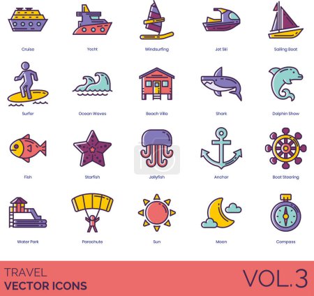 Illustration for Travel icons including cruise, yacht, windsurfing, jet ski, sailing boat, surfer, ocean waves, beach villa, shark, dolphin show, fish, starfish, jellyfish, anchor, steering, water park, parachute, sun - Royalty Free Image