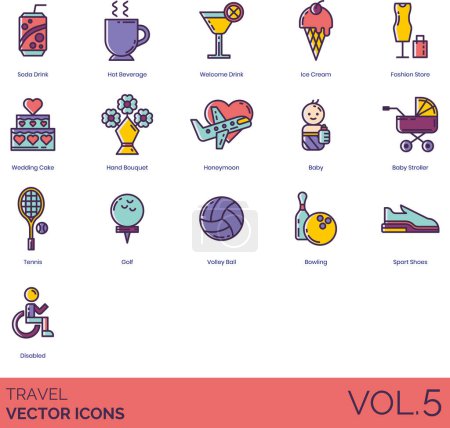 Illustration for Travel icons including soda, hot beverage, welcome drink, ice cream, fashion store, wedding cake, hand bouquet, honeymoon, baby, stroller, tennis, golf, volleyball, bowling, sports shoes, disabled. - Royalty Free Image