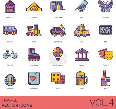 Illustration for Travel icons including backpack, camping, trailer park, bird, butterfly, tour bus, train, car rental, taxi, GPS, bicycle, roller skate, hot air balloon, museum, theatre, party ball, card deck, dice. - Royalty Free Image