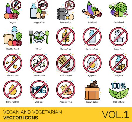 Illustration for Vegan and Vegetarian Icons including Vegan Friendly, Market, Option, Product, Restaurant, Vegan, Vegetarian Option, Vegetarian Restaurant, Veggie Burger - Royalty Free Image