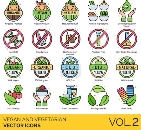Téléchargez les illustrations : Icônes végétariennes et végétaliennes y compris Vegan Friendly, Marché, Option, Produit, Restaurant, Vegan, Option végétarienne, Restaurant végétarien, Veggie Burger - en licence libre de droit
