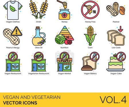 Ilustración de Iconos veganos y vegetarianos incluyendo Vegan Friendly, Mercado, Opción, Producto, Restaurante, Vegan, Opción Vegetariana, Restaurante Vegetariano, Hamburguesa Vegetariana - Imagen libre de derechos