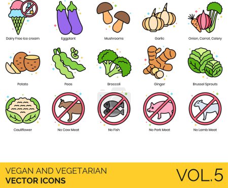 Illustration for Vegan and Vegetarian Icons including Vegan Friendly, Market, Option, Product, Restaurant, Vegan, Vegetarian Option, Vegetarian Restaurant, Veggie Burger - Royalty Free Image