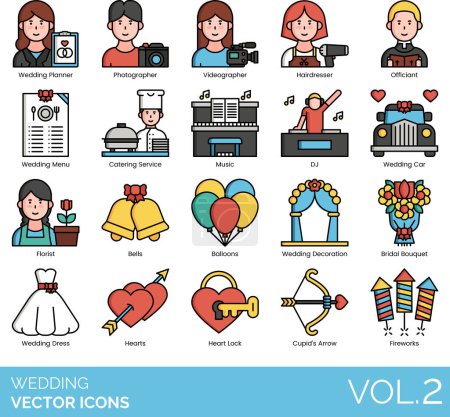 Wedding Icons including Balloons, Bells, Best Man, Booking, Bridal Bouquet, Bride, Bridesmaids, Candelabra, Catering Service, Champagne Glasses, Champagne, Church, Cocktail, Cupid's Arrow, Diamond, DJ