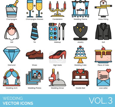 Illustration for Wedding Icons including Balloons, Bells, Best Man, Booking, Bridal Bouquet, Bride, Bridesmaids, Candelabra, Catering Service, Champagne Glasses, Champagne, Church, Cocktail, Cupid's Arrow, Diamond, DJ - Royalty Free Image