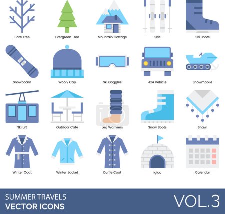 Winter season icons including bare tree, evergreen, mountain cottage, snowboard, wooly cap, goggles, 4x4 vehicle, snowmobile, ski lift, outdoor cafe, leg warmer, snow boots, shawl, jacket, duffle coat, igloo, calendar.