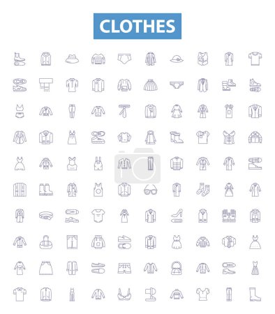 Illustration for Clothes line icons, signs set. Collection of Garment, Outfit, Apparel, Clothing, Dress, Suit, Shawl, Skirt, Robe outline vector illustrations. - Royalty Free Image