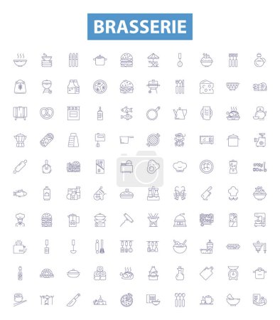 Illustration for Brasserie line icons, signs set. Collection of Brewery, Bistro, Gastropub, Pub, Winebar, Ales, Lagers, Hops, Barley outline vector illustrations. - Royalty Free Image