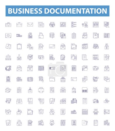 Illustration for Business documentation line icons, signs set. Collection of Business, Documentation, Reports, Policies, Guidelines, Contracts, Agreements, Procedures, Strategies outline vector illustrations. - Royalty Free Image