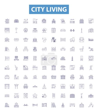 Illustration for City living line icons, signs set. Collection of Urban, metropolis, cosmopolis, sprawling, dense, congested, hustle, bustle, hub outline vector illustrations. - Royalty Free Image