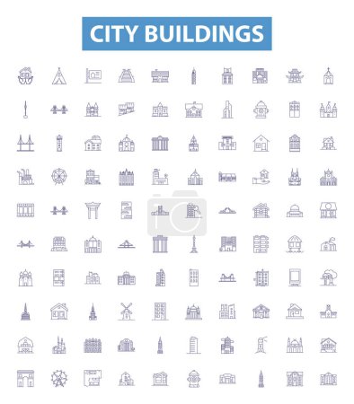 Illustration for City buildings line icons, signs set. Collection of Skyscrapers, Towers, Complexes, Structures, Homes, Apartment, Townhouses, Skyline, High rises outline vector illustrations. - Royalty Free Image