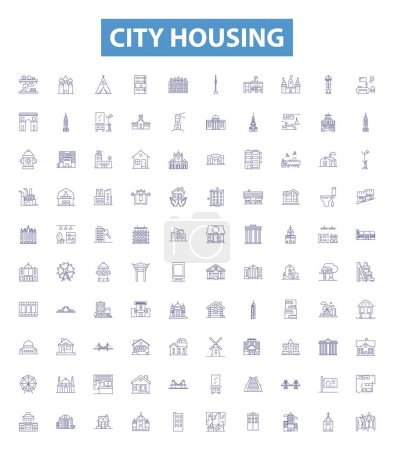 Illustration for City housing line icons, signs set. Collection of Urban, dwellings, residences, homes, apartments, condos, townhouses, complexes, abodes outline vector illustrations. - Royalty Free Image
