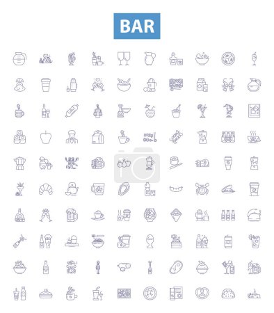 Illustration for Bar line icons, signs set. Collection of Pub, Tavern, Saloon, Lounge, Beer, Alcohol, Mixer, Cocktail, Wine outline vector illustrations. - Royalty Free Image