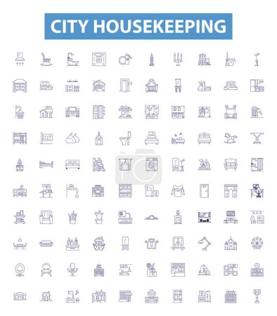 Illustration for City housekeeping line icons, signs set. Collection of Urban, Cleaning, Services, Housework, Dwelling, Residents, Dusting, Sweeping, Sanitation outline vector illustrations. - Royalty Free Image