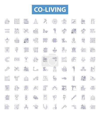 Illustration for Co-living line icons, signs set. Collection of Co housing, Roomshare, Cohabit, Commune, Lodging, Cohabitation, Shared living, Flatmate, Sharing living outline vector illustrations. - Royalty Free Image