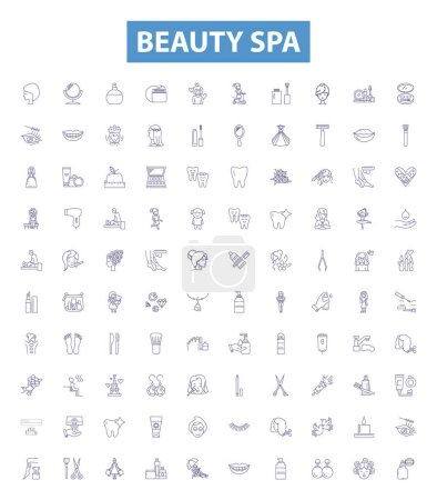 Beauty-Wellness-Linie Symbole, Zeichen gesetzt. Beauty, Spa, Gesichtsbehandlungen, Massage, Nagelpflege, Maniküre, Pediküre, Haarumrisse, Vektorillustrationen.