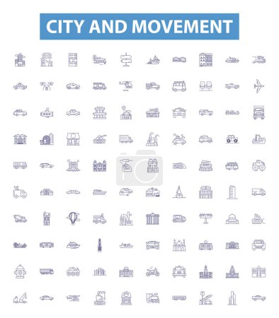 Illustration for City and movement line icons, signs set. Collection of city, movement, transportation, urban, pedestrian, bike, car, bus, train outline vector illustrations. - Royalty Free Image