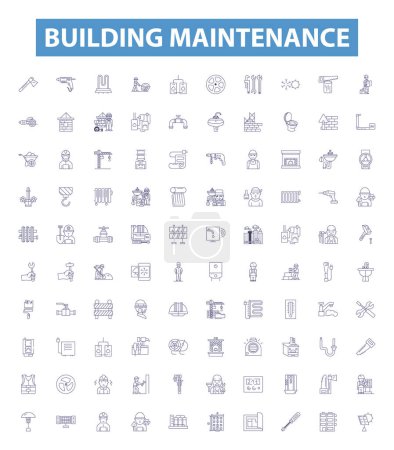 Illustration for Building maintenance line icons, signs set. Collection of Repair, Cleaning, Painting, Gardening, Mowing, Inspection, Testing, Replacement, Adjustment outline vector illustrations. - Royalty Free Image