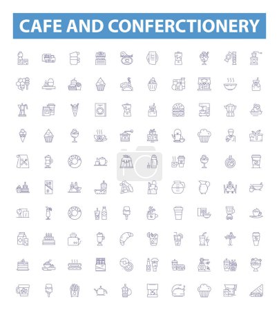 Illustration for Cafe and conferctionery line icons, signs set. Collection of Cafe, Confectionery, Bakeshop, Patisserie, Pastry, Bakery, Cake, Cookies, Coffee outline vector illustrations. - Royalty Free Image
