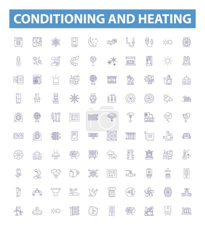Conditioning and heating line icons, signs set. Collection of Conditioning, Heating, Air, Cooling, Ventilation, Fan, Furnace, Heat, Refrigeration outline vector illustrations.