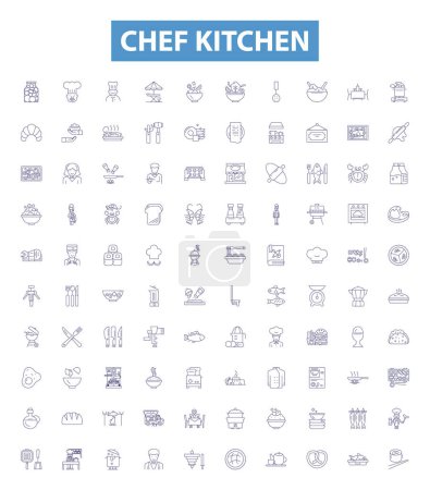 Illustration for Chef kitchen line icons, signs set. Collection of Cooking, Cuisine, Chef, Recipe, Kitchenware, Knives, Utensils, Prep, Meal outline vector illustrations. - Royalty Free Image
