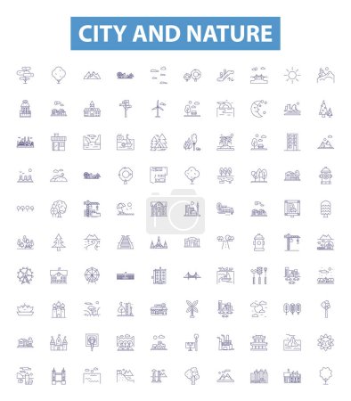 City and nature line icons, signs set. Collection of urban, rural, landscape, backdrop, locale, skyline, architecture, vegetation, boroughs outline vector illustrations.