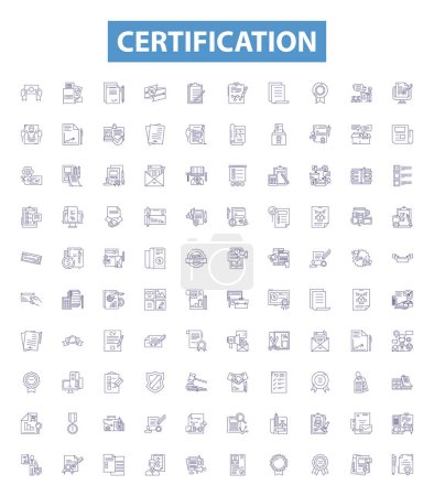 Illustration for Certification line icons, signs set. Collection of Certificate, Credential, Licensed, Qualified, Approved, Accredited, Endorsed, Affirmed, Validated outline vector illustrations. - Royalty Free Image