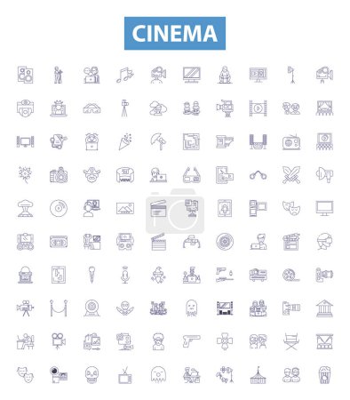 Illustration for Cinema line icons, signs set. Collection of Film, Theater, Movie, Showing, Screening, Projection, Reel, Playback, Magnate outline vector illustrations. - Royalty Free Image