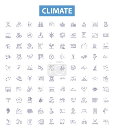 Illustration for Climate line icons, signs set. Collection of Weather, Temperature, Clouds, Humidity, Climate, Rainfall, Climate change, Wind, Storms outline vector illustrations. - Royalty Free Image