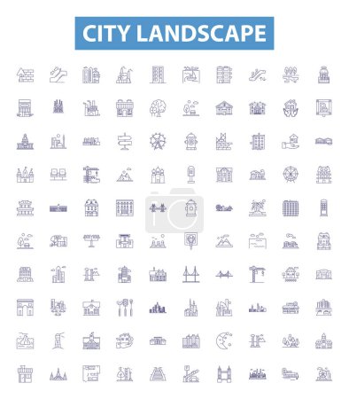 City landscape line icons, signs set. Collection of Urban, skyline, streetscape, skyline, architecture, metropolis, vista, hustle, bustle outline vector illustrations.