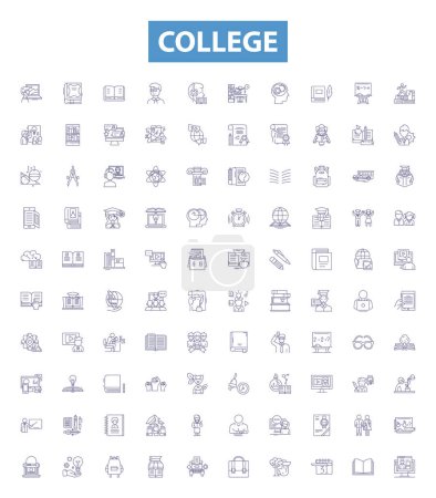 Illustration for College line icons, signs set. Collection of College, Higher Education, University, Academic, Learning, Degrees, Degree, Student, Degree Programs outline vector illustrations. - Royalty Free Image