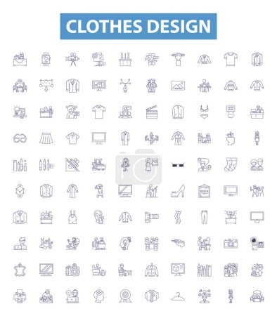 Illustration for Clothes design line icons, signs set. Collection of Apparel, Garments, Garb, Fashions, Wearables, Outfits, Costumes, Styles, Attire outline vector illustrations. - Royalty Free Image