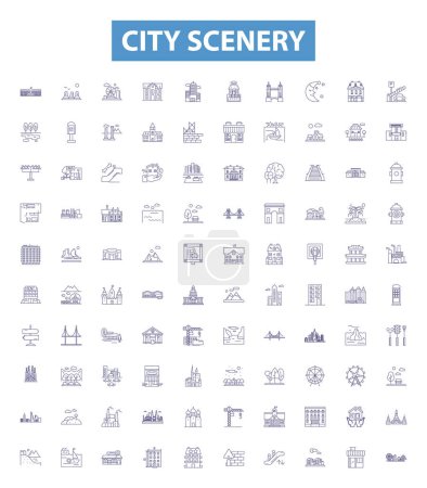 Illustration for City scenery line icons, signs set. Collection of Urban, Buildings, Streets, Skyscrapers, Night, People, Skyline, Bridge, Tourists outline vector illustrations. - Royalty Free Image